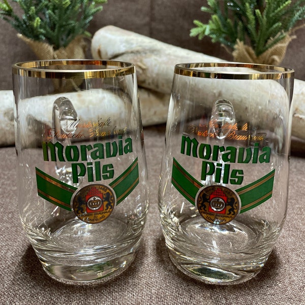 Moravia Pils beer glasses with handle and gold rim in a set of 2!