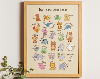 Animal Chart in Filipino Language, Filipino Animal Prints with English Translation, Filipino Poster for Kids, Bilinigual Language