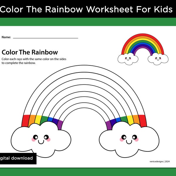 Cute Rainbow Coloring, Kids Worksheet, Creative Activity For Kids, Homeschool, Educational Material, Rainbow Colors