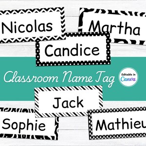 Etiquetas de nome de sala de aula com padrão preto e branco editável, etiquetas de nome de mesa escolar simples, download digital