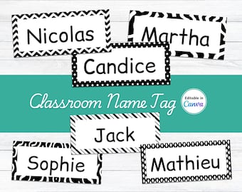 Editable Black and White Pattern Classroom Name Tags, Simple School Desk Nametags, Digital Download