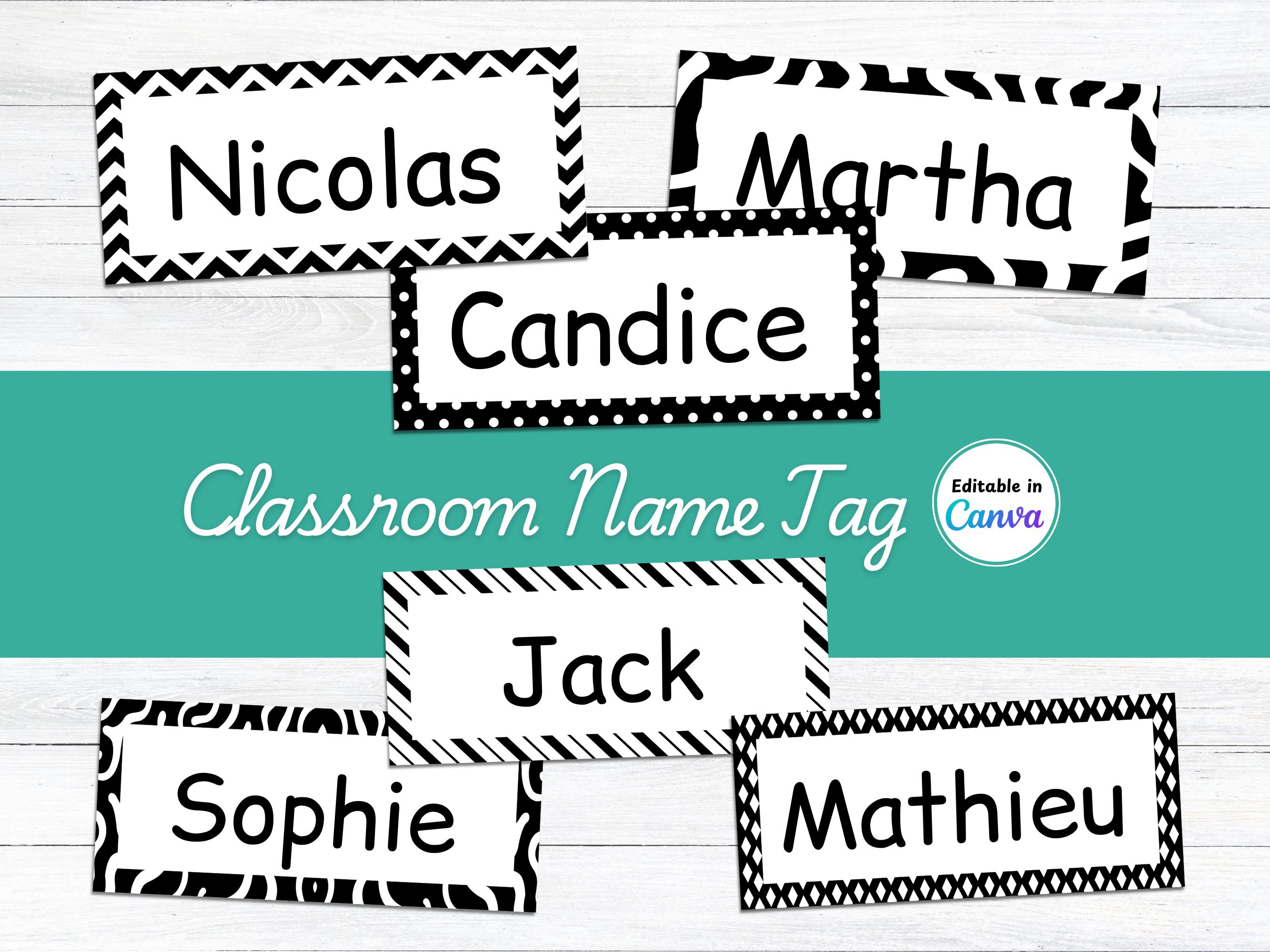 Editable Black and White Pattern Classroom Name Tags, Simple