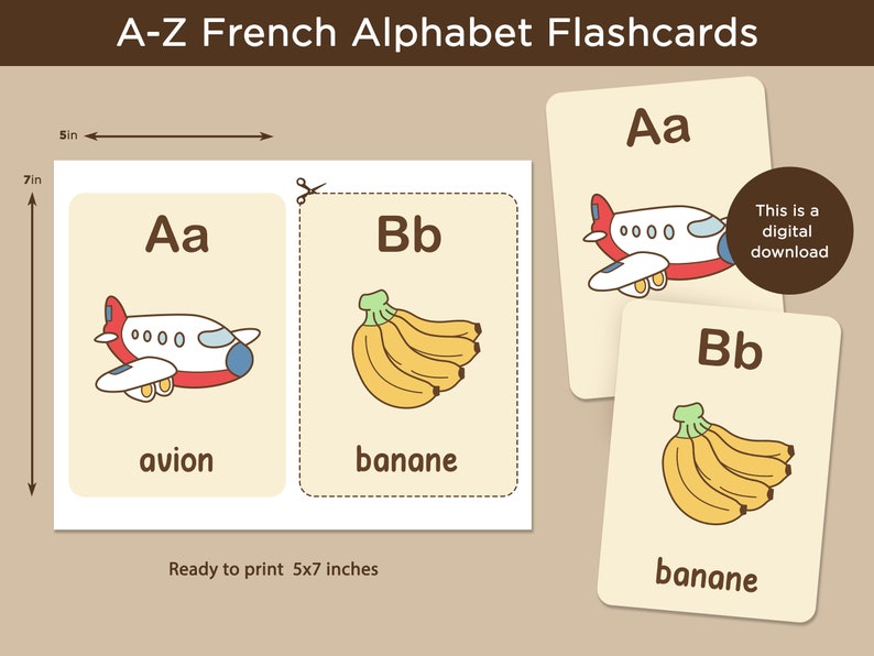Printable French Alphabet Flash Cards, Toddlers Preschool Early