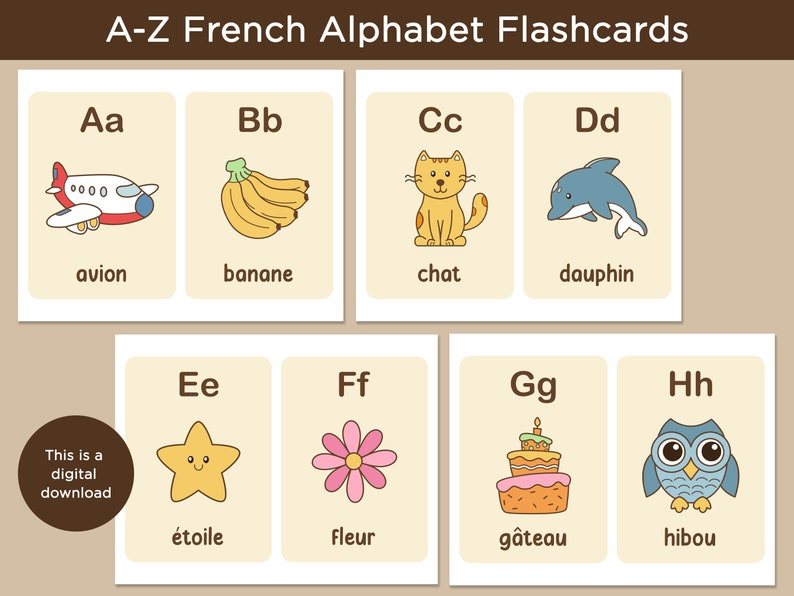 Printable French Alphabet Flash Cards, Toddlers Preschool Early