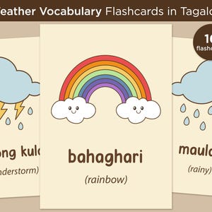 16 Flashcard de vocabulário meteorológico em tagalo com tradução em inglês, download digital de gráfico meteorológico, cartões pré-escolares, cartões para impressão,