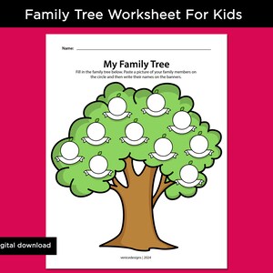 Puede incluir: Una hoja de trabajo imprimible para que los niños creen un árbol genealógico. La hoja de trabajo presenta un árbol con círculos en blanco y pancartas para agregar fotos y nombres. El texto "Mi árbol genealógico" está en la parte superior de la hoja de trabajo.