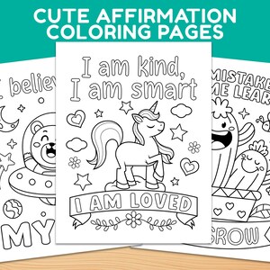 Cute Affirmation Coloring Pages | Positive Words, Kids Mindfulness Activity | Cute Unicorn, Bear, Fox, Cat Animal Coloring,Digital Download