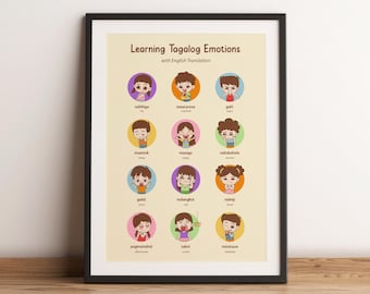 Filipino Language Emotions Poster, Feelings Chart, Psychology Kids Print, Emotion Recognition, Fun Emotional Illustration, Tagalog Language