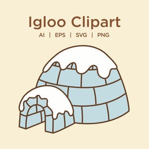 May include: A cartoon illustration of two igloos. The larger igloo is light blue with a white snow cap. The smaller igloo is in front of the larger one. The text "Igloo Clipart" is at the top.