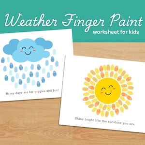 Actividad de pintura con los dedos para niños sobre el clima, arte con huellas dactilares del sol, arte con huellas dactilares de la lluvia, manualidad con huellas dactilares, manualidad para preescolar, imprimible con huellas dactilares
