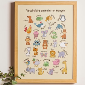 French Animal Names Chart, Educational Wall Print in French Language, French Print, Bilingual, Daycare Poster, French Class Decor