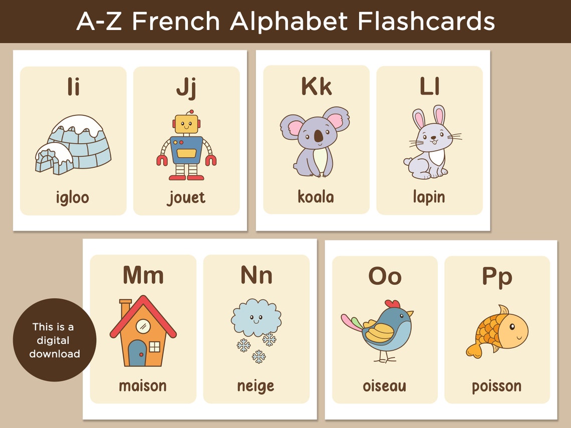 Printable French Alphabet Flash Cards, Toddlers Preschool Early