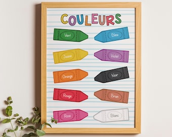 Colors Educational Poster in French, Colors Poster for Classroom Decor, Homeschool, Montessori Wall Art, Digital Download