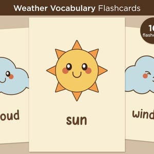 16 Flashcard de vocabulário meteorológico em inglês, download digital de gráfico meteorológico, cartões pré-escolares, aprendizagem em casa