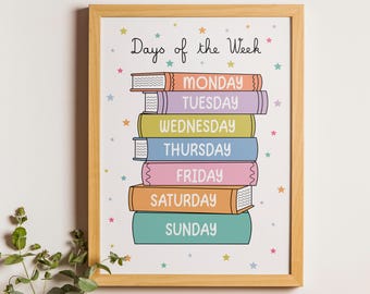 Days of the Week Printable Educational Poster, Classroom Decor, Homeschool Wall Art,  Kindergarten Preschool Printables