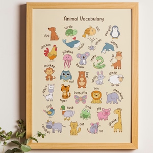 Animal Chart, Animal Vocabulary Poster, Montessori Materials, Educational Printable Classroom Decor, Instant Download