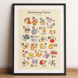 Póster imprimible del alfabeto filipino, decoración de habitación infantil con alfabeto tagalo, impresiones imprimibles del alfabeto filipino para pared de guardería, idioma bilingüe
