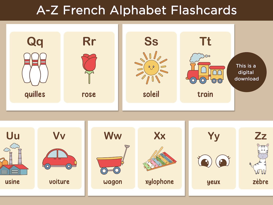 Printable French Alphabet Flash Cards, Toddlers Preschool Early