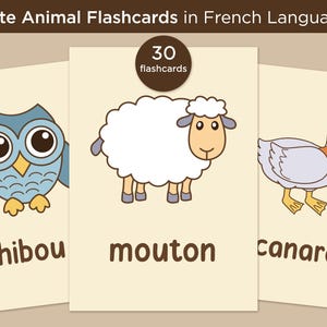 30 Cute Animal Flashcards in French Language, Bilingual Learning Tool, Montessori Flashcards, Pre-School Cards, Educational Tool