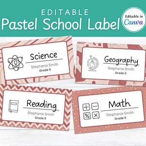 Editable Pastel School Subject Labels, Preschool labels, Personalized Classroom labels, Kids Notebook Labels