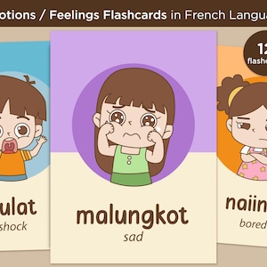 Könnte beinhalten: Drei illustrierte Karteikarten mit Zeichentrickkindern, die verschiedene Emotionen ausdrücken. Die erste Karte zeigt ein Kind mit einem schockierten Ausdruck und dem Wort "gulat", was im Tagalog "Schock" bedeutet. Die zweite Karte zeigt ein Kind mit einem traurigen Ausdruck und dem Wort "malungkot", was im Tagalog "traurig" bedeutet. Die dritte Karte zeigt ein Kind mit einem gelangweilten Ausdruck und dem Wort "naiinip", was im Tagalog "gelangweilt" bedeutet. Der Text "12 flashcards" befindet sich in der oberen rechten Ecke des Bildes.