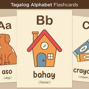 Flashcards do alfabeto filipino, alfabetos tagalog com tradução para o inglês, recursos de aprendizagem precoce para crianças pré-escolares