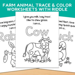 Puede incluir: Hojas de trabajo imprimibles en blanco y negro con animales de granja, incluyendo un conejo, una vaca y un pato. Cada hoja de trabajo incluye un acertijo y un contorno de puntos del nombre del animal para trazar.