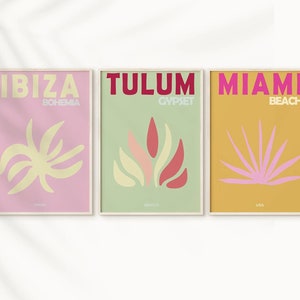 Set of 3 Retro Travel Famous places prints , Ibiza Miami Tulum Gallery Set , Trendy Travel poster , Retro Wall Art , Retro Miami Print-s197