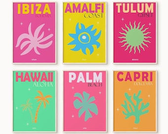 Set of 6 Retro Travel Famous places prints , Ibiza Amalfi Tulum Hawaii Palm Beach Gallery Set , Trendy Travel poster , Retro Wall Art-s190