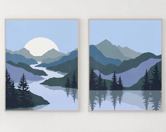 Abstract Mountain Sun Prints Set of 2, Mid Century Modern Art, Mountains Wall Art, Boho Landscape Prints, Abstract Wall Art,Boho Poster-s230