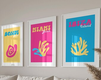 Retro Travel Print Set of 3 , Summer Travel Wall Art , Colorful Posters,Miami Print,Ibiza Print,Bondi Print,Gallery Wall Art Prints-s179