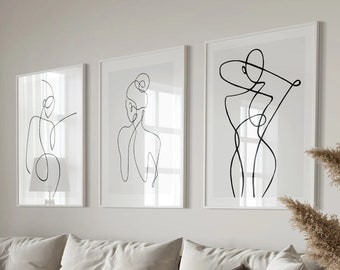Set di 3 stampe artistiche di disegni di donne a tratto singolo, decorazione murale minimalista a linea singola, poster con stampa femminile, arte moderna del corpo a tratto - a11