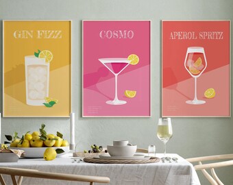 Retro Cocktail Print Set of 3 , Colorful Cocktail Gallery Wall Set , Trendy Wall Art , Bar Print ,Drinks Print,Gallery Wall Art Prints-s183