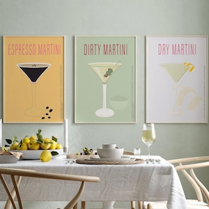 Trendy esthetische set van 3 cocktail galerij prints, bar cart kamer decor, drink bar kunst aan de muur, Martini print, Martini poster, pastel art-s196