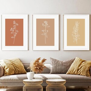 Boho Floral Line Art Prints Set of 3, Terracotta Botanical Wall Art, Flower Line Drawing, Boho Decor, Neutral Wall Art,Boho Wall Art-s240