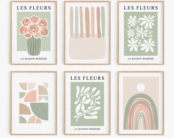 Sage Green Print Set of 6, Abstract Botanical Wall Art, Sage Green Peach Beige Prints, Floral Gallery Wall Set,Abstract Flower Print-s235