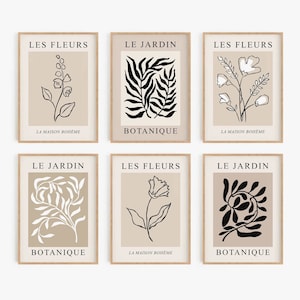 Neutral Botanical Print Set of 6, Les Fleurs Prints, French Wall Art, Vintage Floral Exhibition Poster, Boho Wall Decor,Abstact Print-s234