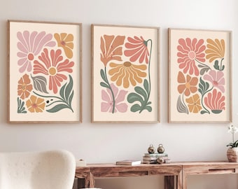 Boho Abstract Flowers Print Set of 3, Terracotta Prints, Floral Wall Art, Vintage Art Print, Boho Wall Art, Flower Market Poster-a54