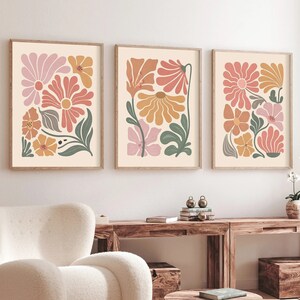Boho Abstract Flowers Print Set of 3, Terracotta Prints, Floral Wall Art, Vintage Art Print, Boho Wall Art, Flower Market Poster-a54