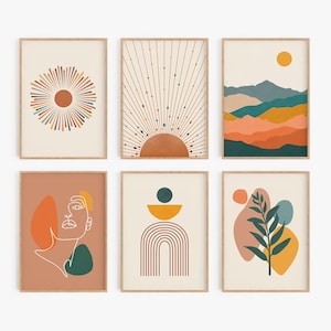 Boho Gallery Wall Set of 6 Prints, Abstract Boho Wall Art, Terracotta Mustard Sun Prints, Mid Century Modern Art, Boho Prints-s227