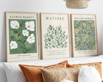 Sage Green Henri Matisse Print, Flower Market Print Set, Sage Green Wall Art, William Morris Print, Set of 3 Print, Sage Green Prints-a49