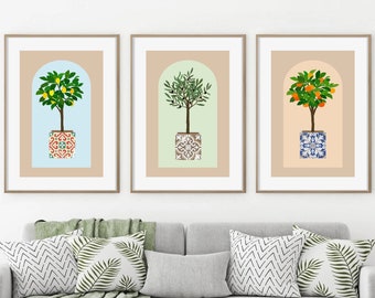 Citrus Tree Botanical Wall Art, Set of 3 Prints, Olive Lemon Orange Tree Prints, Abstract Botanical Prints Set, Abstract Wall Art-s242