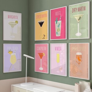Conjunto estético de moda de 8 impresiones de la galería de cócteles, Decoración de la sala del carrito del bar, Colorido bar de bebidas Arte de la pared, Decoración del hogar en pastel Art-s186