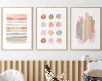 Neutral Abstract Prints Set of 3, Abstract Wall Art, Beige Minimalist Poster, Dots Stripes Wall Art, Pastel Wall Decor Wall Art-s261