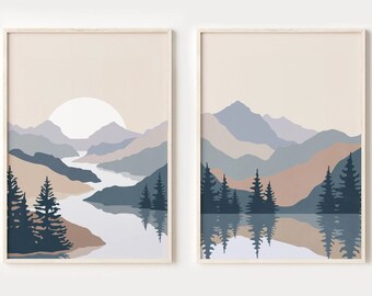 Abstract Mountain Sun Prints Set of 2, Mid Century Modern Art, Mountains Wall Art, Boho Landscape Prints, Abstract Wall Art,Boho Poster-s228