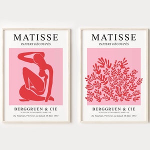 Conjunto de impresión Matisse rosa y rojo de 2, arte mural abstracto, póster de exposición de Henri Matisse, impresiones de arte moderno, impresión recortada de Matisse-s223