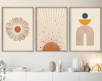 Abstract Boho Art Prints Set of 3, Mid Century Modern Art, Sun Wall Art,Rust Mustard Boho Gallery Wall Set,Abstract Wall Art,Boho Print-s264