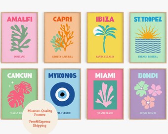 Retro Travel Print Set of 8, Gallery Wall Set, Retro Travel Poster, Colorful Wall Art, St Tropez Ibiza Miami Bondi Mykonos Print -s174