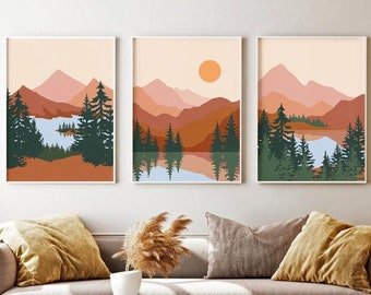 Abstract Mountain Print Set van 3, Mid Century Wall Art, Boho Print, Landschap Wall Art, Abstract Prints, Gallery Wall Art Prints-s77