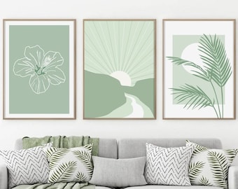 Sage Green Print 3er-Set, Boho Galerie Wandkunst Set, Abstrakte Wandkunst, Botanische Line Art, Blumendrucke, Galerie Wandkunst Drucke-s67